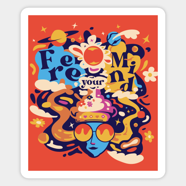 Free Your Mind // 60s Psychedelic Trippy Graphic Magnet by SLAG_Creative